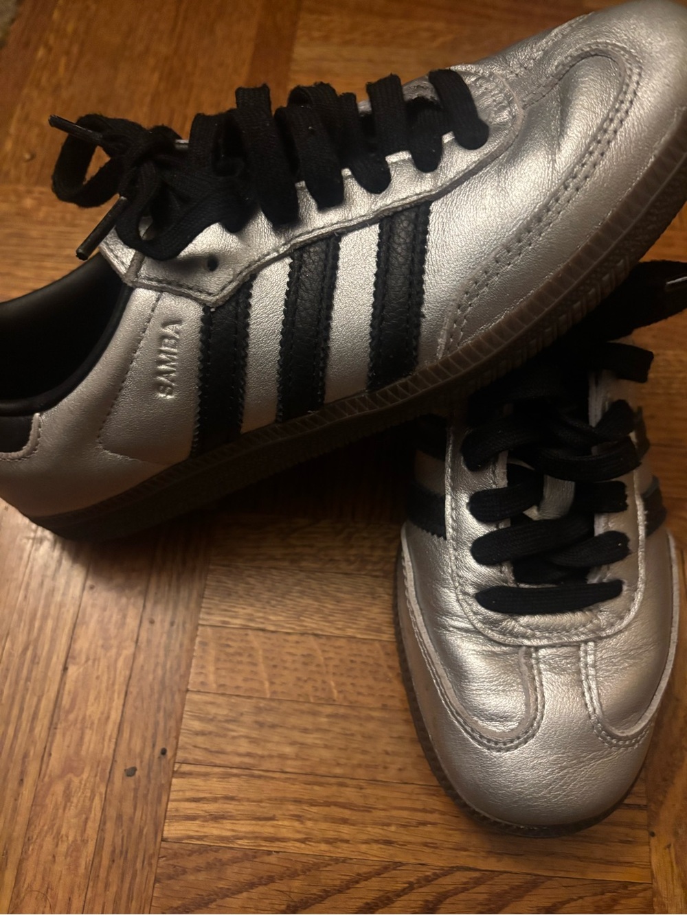 Adidas Silver and Black Leather Samba Sneakers